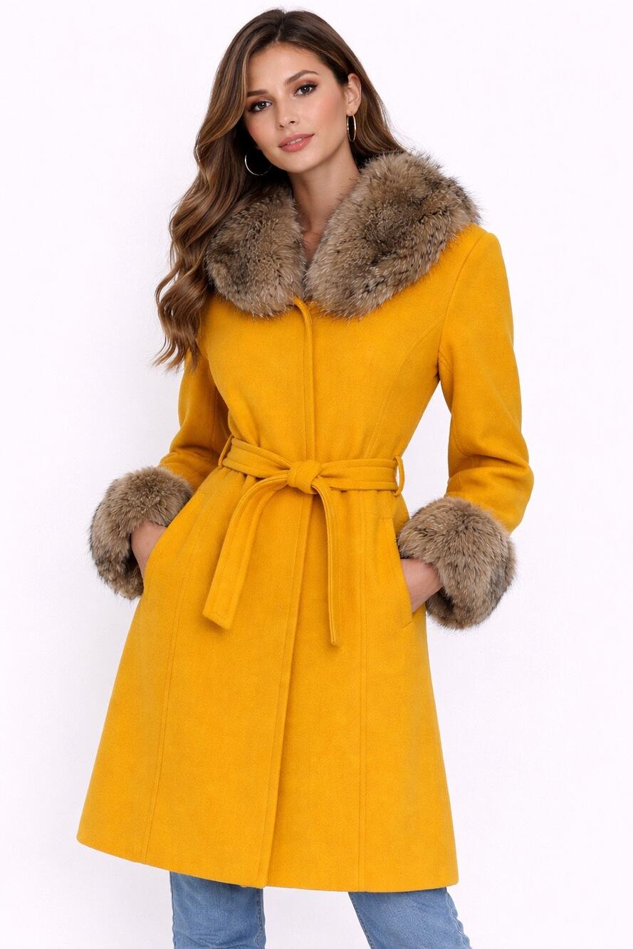 1960s Joseph Magnin Mustard Yellow Wool Coat with Fur Trim small